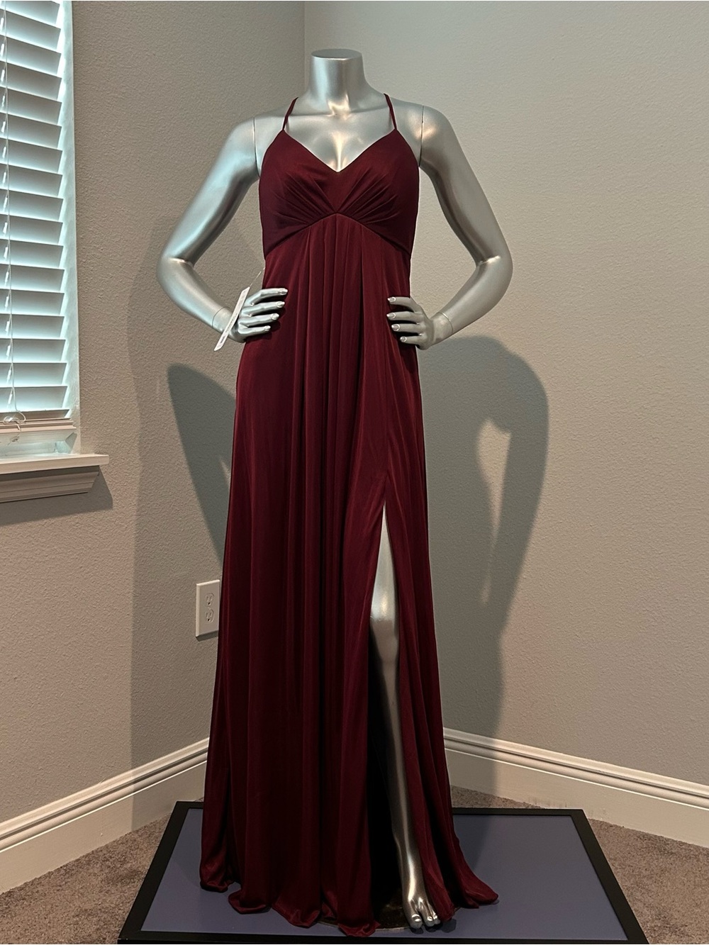 Azazie Burgundy Spaghetti Strap Prom Gown